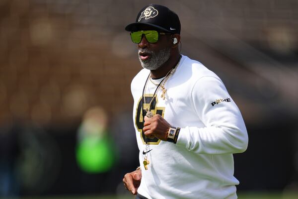 Colorado head coach Deion Sanders takes the field during an NCAA college football spring game, Saturday, April 19, 2025, in Boulder, Colo. (AP PhotoJack Dempsey)