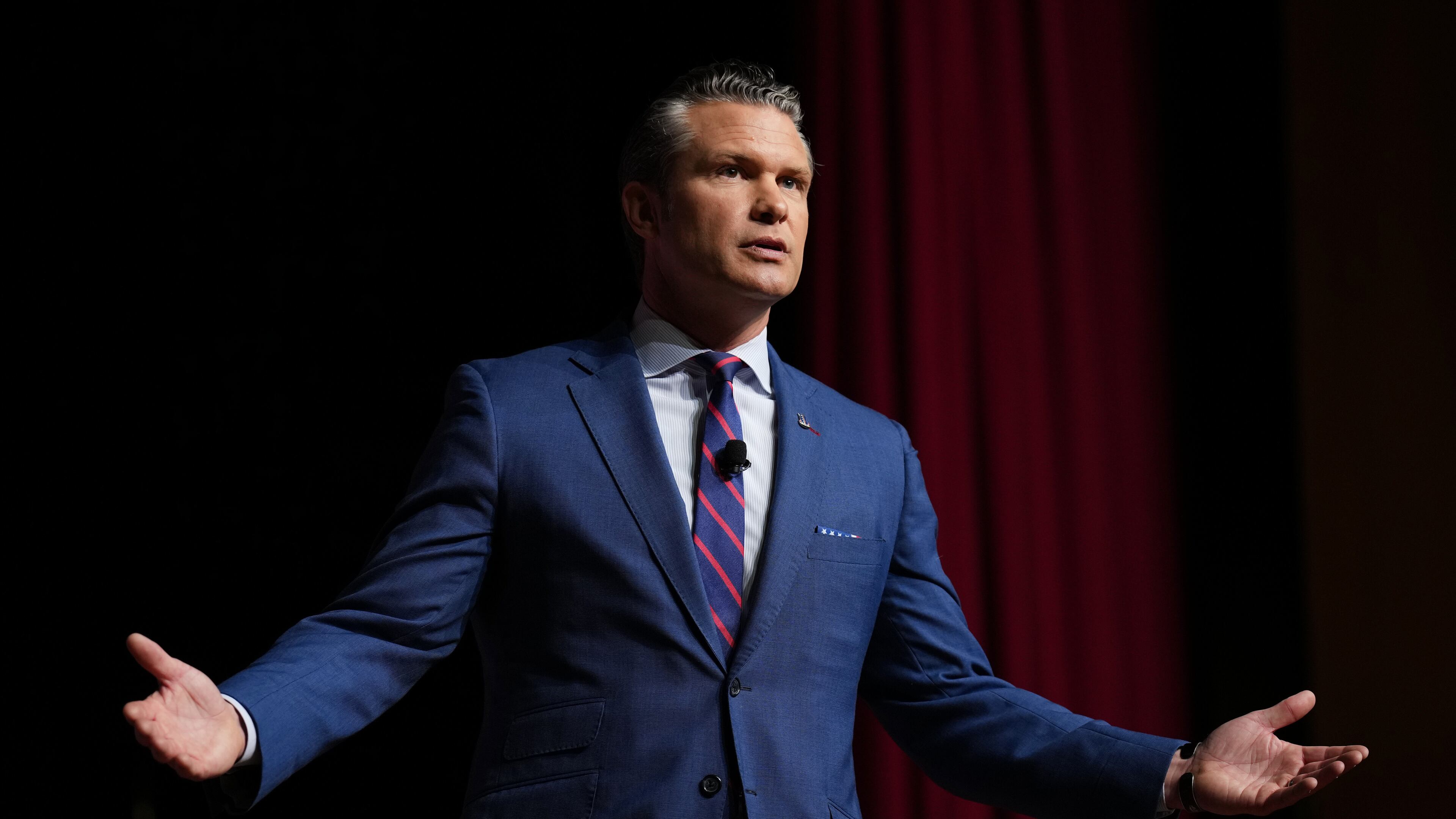 Secretary of Defense Pete Hegseth speaks to senior military leaders at Marine Corps Base Quantico, Tuesday, Sept. 30, 2025 in Quantico, Va. (Andrew Harnik/Pool via AP)
