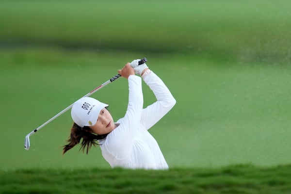 Yu Liu, of China, hits on the fifth hole during the second round of the Chevron Championship LPGA golf tournament Friday, April 25, 2025, in The Woodlands, Texas. (AP Photo/Ashley Landis)