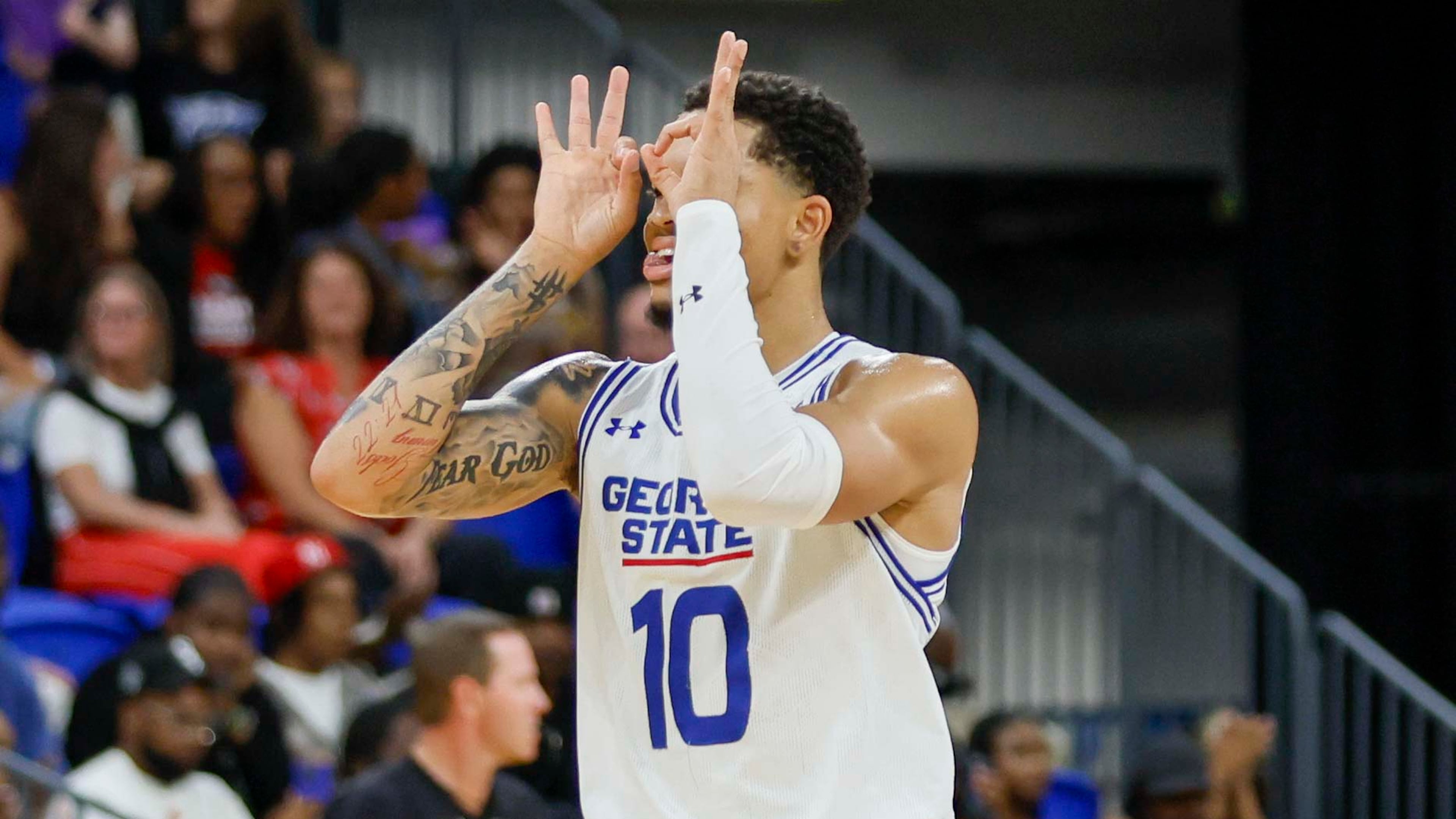 Georgia State has two returning starters: guards Jelani Hamilton — pictured celebrating a 3-pointer against Georgia on Wednesday, Oct. 15, 2025 — and Malachi Brown. (Miguel Martinez/AJC)