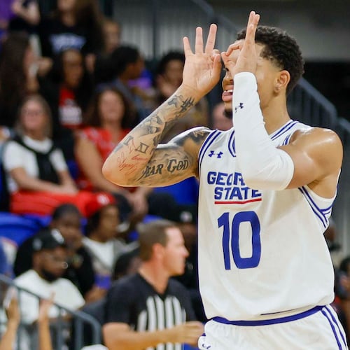 Georgia State has two returning starters: guards Jelani Hamilton — pictured celebrating a 3-pointer against Georgia on Wednesday, Oct. 15, 2025 — and Malachi Brown. (Miguel Martinez/AJC)