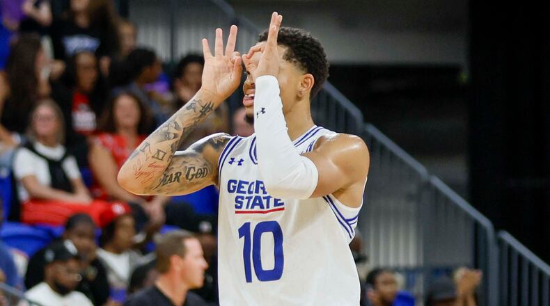 Georgia State has two returning starters: guards Jelani Hamilton — pictured celebrating a 3-pointer against Georgia on Wednesday, Oct. 15, 2025 — and Malachi Brown. (Miguel Martinez/AJC)