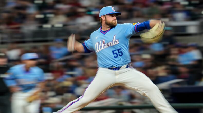 Braves pitcher Bryce Elder works in the fifth inning against the Cleveland Guardians on April 10, 2026 in Atlanta. His pitch shaping has taken a turn for the better this season. (Mike Stewart/AP)