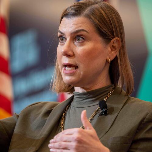 FILE - Sen. Elissa Slotkin, D-Mich., speaks at the Center for American Progress, June 26, 2025, in Washington. (AP Photo/Kevin Wolf, File)