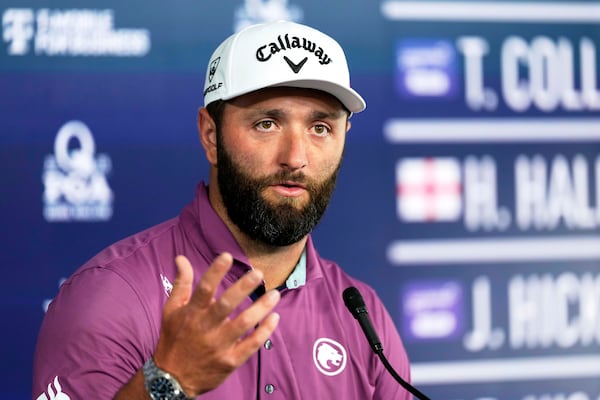Jon Rahm, of Spain, speaks during a news conference at the PGA Championship golf tournament at the Quail Hollow Club, Tuesday, May 13, 2025, in Charlotte, N.C. (AP Photo/Matt York)