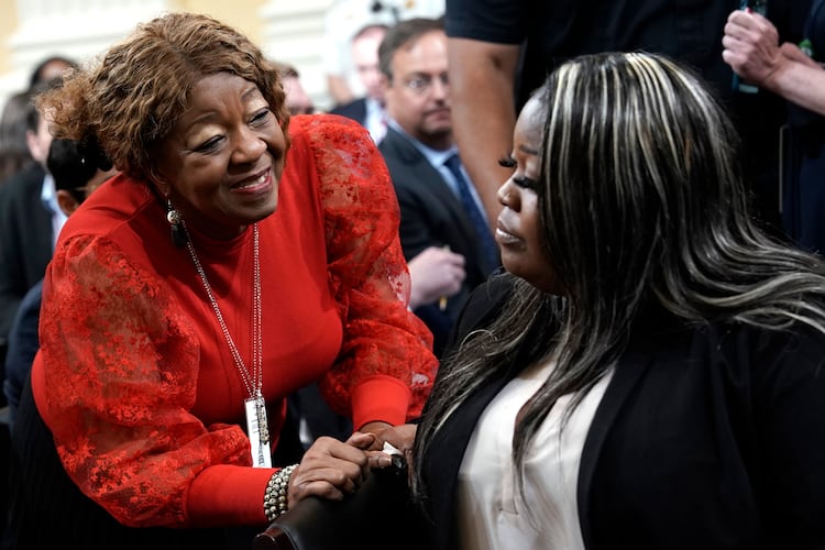 Former Fulton County election worker Ruby Freeman talks to her daughter, Wandrea ArShaye "Shaye" Moss, a former Georgia election worker, after she testified before the U.S. House Select Committee at its fourth hearing on its Jan. 6 investigation on Capitol Hill in Washington, D.C., on Tuesday, June 21, 2022. (Yuri Gripas/Abaca Press/TNS)