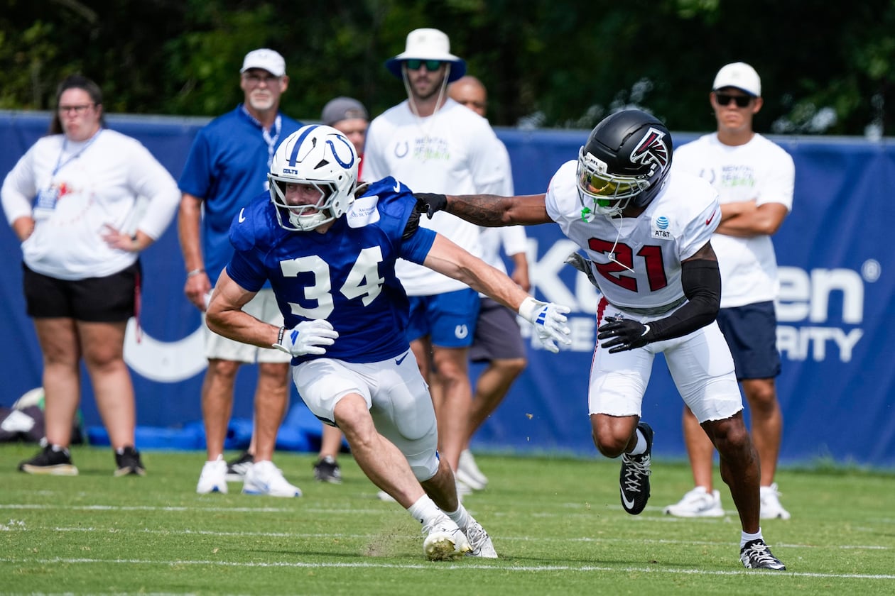 Colts wide receiver Ben Nikkel (left) works against Falcons cornerback Mike Hughes during a joint practice on Wednesday, Aug. 19, 2026, in Westfield, Ind. The two teams will face off at 1 p.m. Saturday at Lucas Oil Stadium. (Michael Conroy/AP)