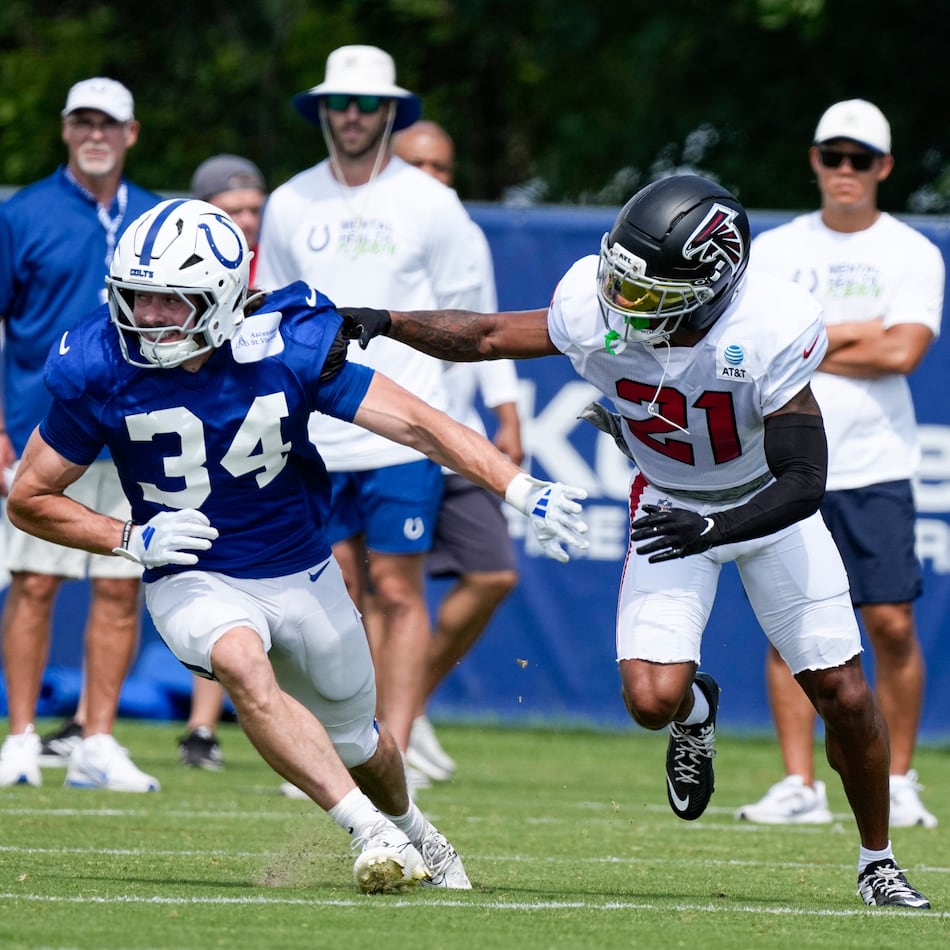 Colts wide receiver Ben Nikkel (left) works against Falcons cornerback Mike Hughes during a joint practice on Wednesday, Aug. 19, 2026, in Westfield, Ind. The two teams will face off at 1 p.m. Saturday at Lucas Oil Stadium. (Michael Conroy/AP)