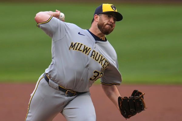 Milwaukee Brewers pitcher Aaron Civale delivers during the first inning of a baseball game against the Pittsburgh Pirates in Pittsburgh, Thursday, May 22, 2025. (AP Photo/Gene J. Puskar)