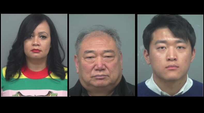 (From left to right) Gertrude Illescas, Ki Won Kim and Bagjoon Kim have been charged in an alleged scam involving fraudulent work orders at a Gwinnett apartment complex.