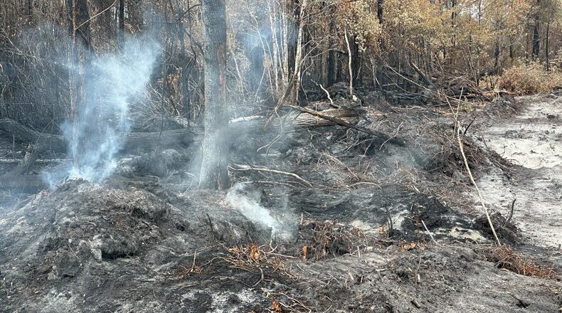 Blackened trees and charred palmetto fronds lined the shoulders of U.S. 82 on Monday, April 27, 2026 in Brantley County, Ga., as smoke poured from the ground in several spots beside the highway. (AP Photo/Russ Bynum)