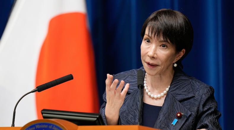 FILE - Japan's Prime Minister Sanae Takaichi speaks during a news conference at the prime minister's office in Tokyo, Oct. 21, 2025. (AP Photo/Eugene Hoshiko, Pool, File)