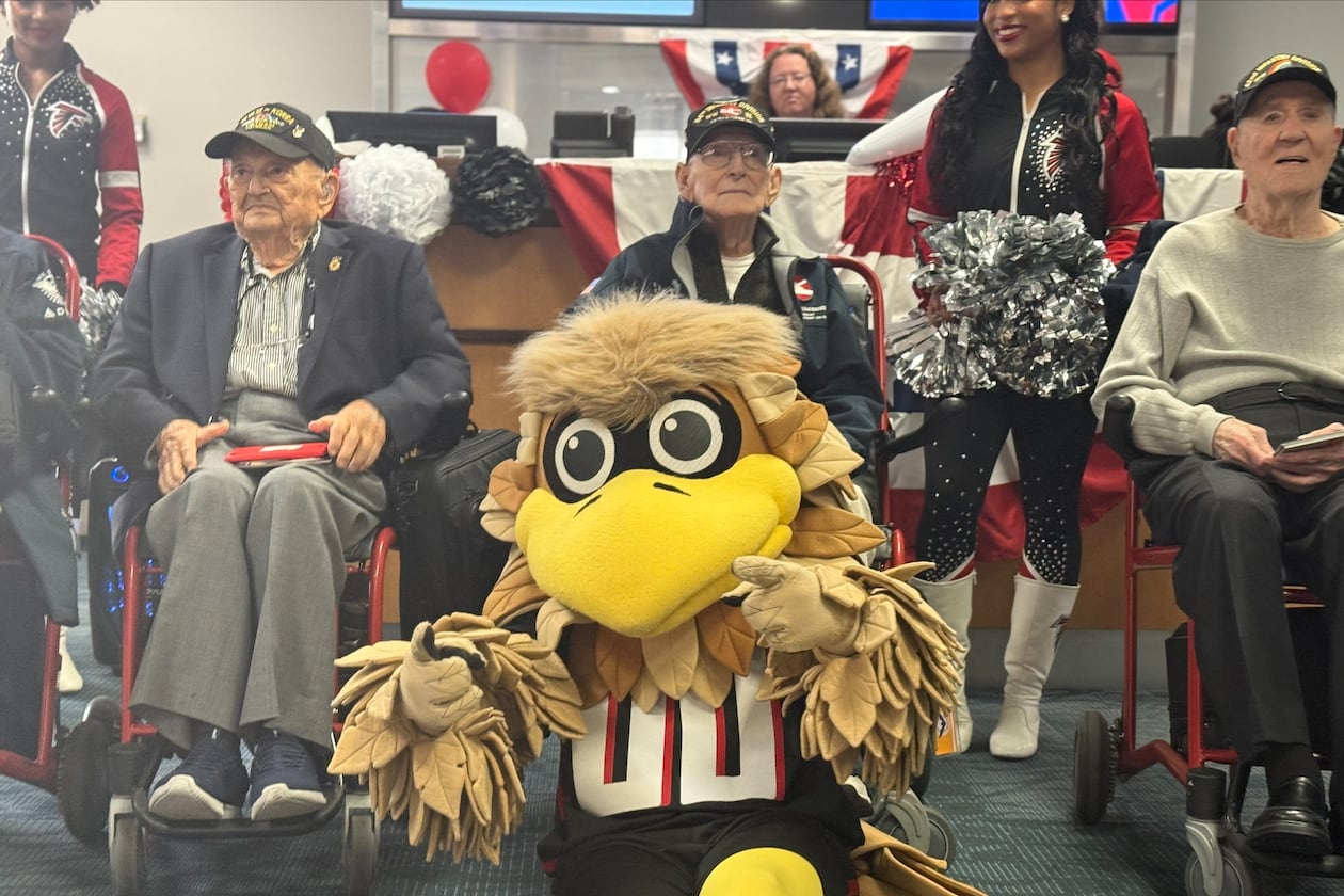Hilbert Margol, far right, was one of five World War II veterans flown to Berlin for Sunday's NFL game between the Falcons and Colts. (Courtesy of Delta)