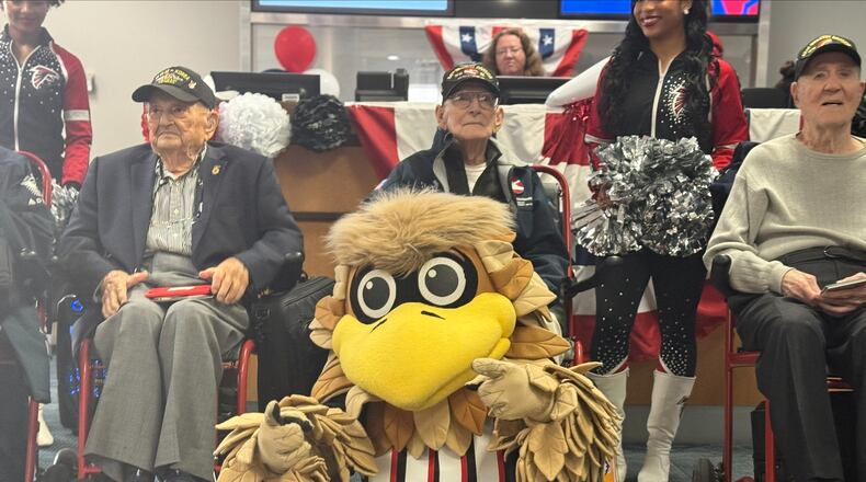 Hilbert Margol, far right, was one of five World War II veterans flown to Berlin for Sunday's NFL game between the Falcons and Colts. (Courtesy of Delta)