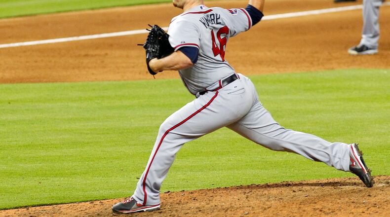 Atlanta Braves relief pitcher Craig Kimbrel throws against the Miami Marlins in the ninth inning in a baseball game in Miami, Saturday, May 31, 2014. The Braves defeated the Marlins 9-5. (AP Photo/Joe Skipper)