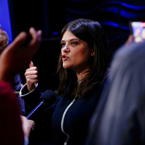 Michigan U.S. Sen candidate, Rep. Haley Stevens, D-Mich., speaks with media after a debate at WoodTV studios on Tuesday, July 7, 2026, in Grand Rapids, Mich. (AP Photo/Kristen Norman)