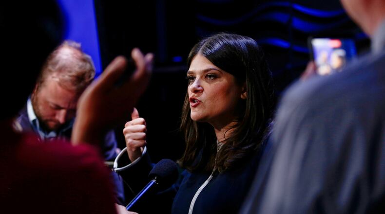 Michigan U.S. Sen candidate, Rep. Haley Stevens, D-Mich., speaks with media after a debate at WoodTV studios on Tuesday, July 7, 2026, in Grand Rapids, Mich. (AP Photo/Kristen Norman)