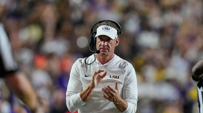 LSU head coach Lane Kiffin reacts in the first half of an NCAA college football game against Clemson, Saturday, Sept. 5, 2026 in Baton Rouge, La. (AP Photo/Gerald Herbert)