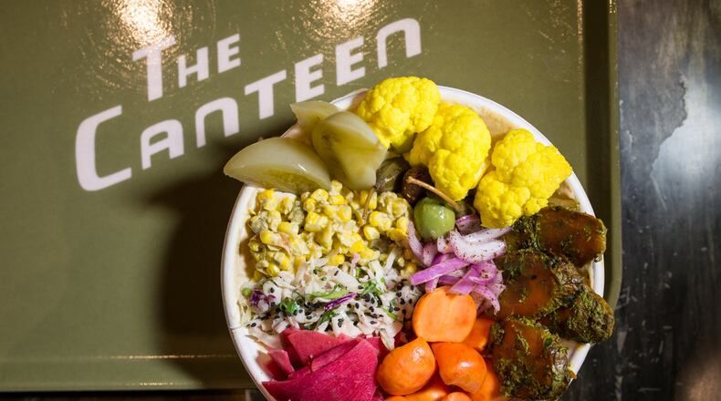 Salatim bowl from Yalla at the Canteen, with chef's daily selection of seasonal vegetables. Photo credit- Mia Yakel.