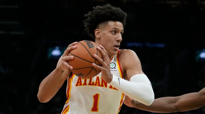 Atlanta Hawks forward Jalen Johnson (1) during Game 5 in the first round of the NBA basketball playoffs, Tuesday, April 25, 2023, in Boston. (AP Photo/Charles Krupa)