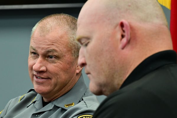 Lumpkin County Sheriff Stacy Jarrard (left) and criminal investigator Paisley Gibson on Nov. 18, 2025, at the Lumpkin County Sheriffs Office. (Daniel Varnado/For the AJC)