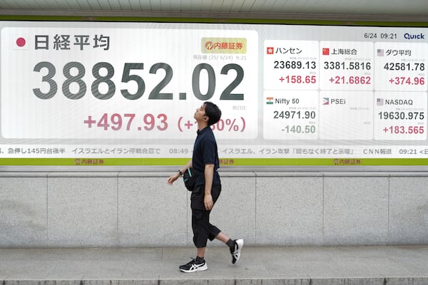 A person walks in front of an electronic stock board showing Japan's Nikkei index at a securities firm Tuesday, June 24, 2025, in Tokyo. (AP Photo/Eugene Hoshiko)
