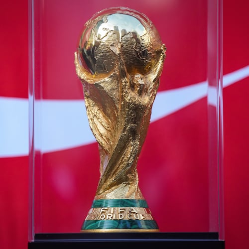 The FIFA World Cup trophy is displayed during the launch of a trophy tour in Vancouver, on Friday, April 10, 2026. (Darryl Dyck/The Canadian Press via AP)