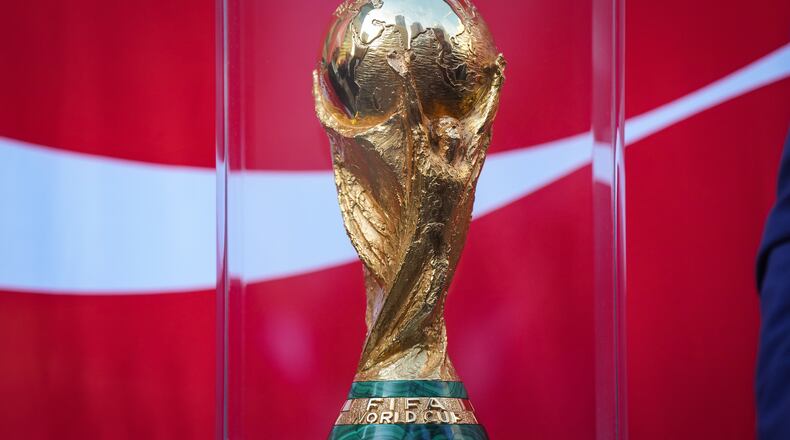 The FIFA World Cup trophy is displayed during the launch of a trophy tour in Vancouver, on Friday, April 10, 2026. (Darryl Dyck/The Canadian Press via AP)