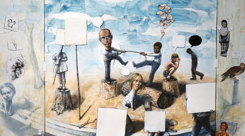 “American Gothic-Never Say Never,” 2018, mixed media on paper, by Athens-based painter Scott Belville. CONTRIBUTED BY SANDLER HUDSON GALLERY