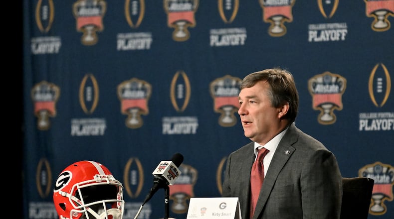 Georgia head coach Kirby Smart takes questions from the media during head coaches press conference, Tuesday, December 31, 2024, in New Orleans, LA. (Hyosub Shin / AJC)