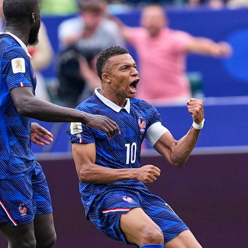 France's Kylian Mbappe (10) celebrates after scoring his team's first goal during the World Cup Group I soccer match between France and Iraq in Philadelphia, Monday, June 22, 2026. (AP Photo/Petr David Josek)