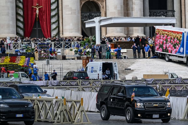 The motorcade of U.S. Vice President JD Vance departs the Vatican after Vance met with Cardinal Pietro Parolin and Archbishop Paul Gallagher, Saturday, April 19, 2025. (Kenny Holston/Pool Photo via AP)