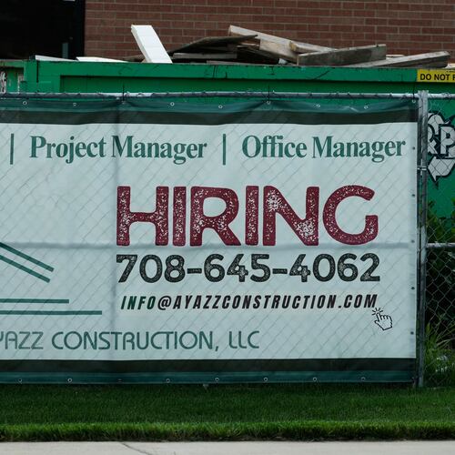 A hiring sign is seen in Buffalo Grove, Ill., Thursday, June 25, 2026. (AP Photo/Nam Y. Huh)