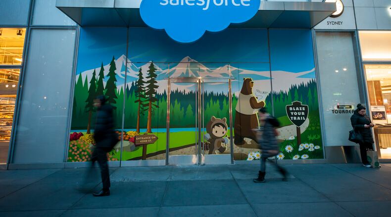 Business software pioneer Salesforce.com is buying work-chatting service Slack for $27.7 billion in a deal aimed at giving the two companies a better shot at competing against longtime industry powerhouse Microsoft. (Richard B. Levine/Sipa USA/TNS/file)