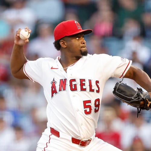 Los Angeles Angels starting pitcher Jose Soriano pitches during the second inning of a baseball game against the Atlanta Braves, Monday, April 6, 2026, in Anaheim, Calif. (AP Photo/Caroline Brehman)