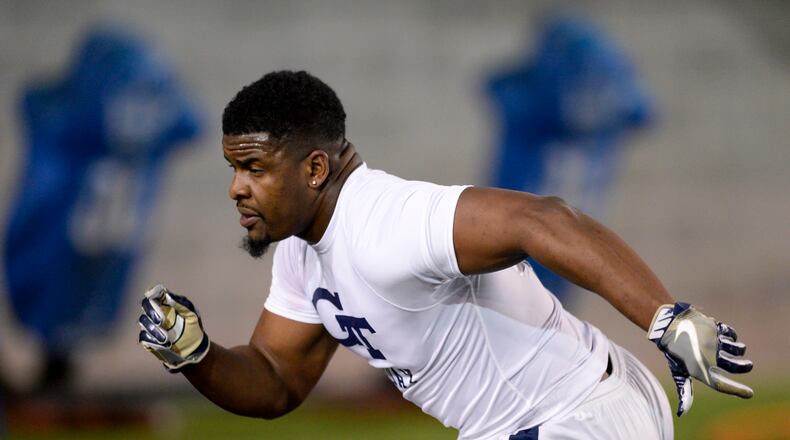 March 17, 2017, Atlanta - Former Georgia Tech linebacker P.J. Davis (40) completes a drill during Pro Day at the Georgia Tech Mary R. & John F. Brock practice facility in Atlanta, Georgia, on Friday, March 17, 2017. (DAVID BARNES / SPECIAL)