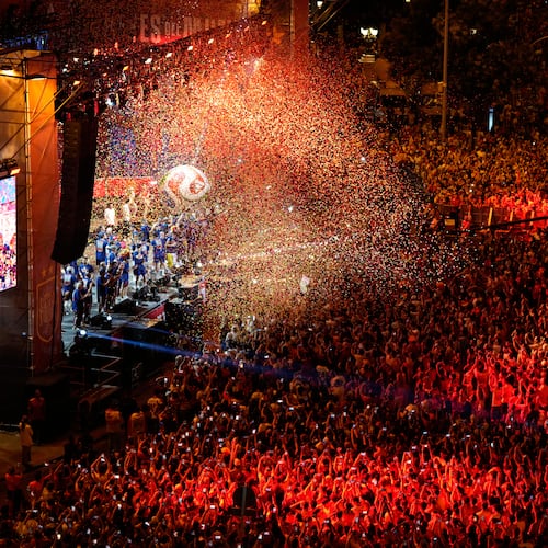 Players from Spain's national soccer team celebrate at Cibeles Square in Madrid on Monday, July 20, 2026, after Spain defeated Argentina in the World Cup final in East Rutherford, N.J., near New York. (AP Photo/Bernat Armangue)