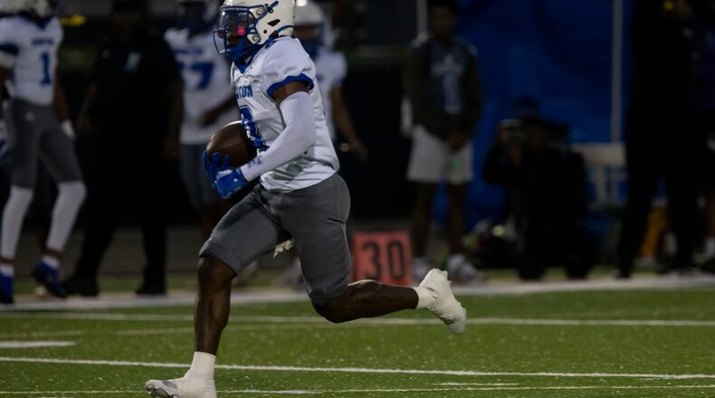 Newton County’s Marcus Calwise (3) scores a touchdown during a GHSA High School Football game between Grayson High School and Newton County High School at Grayson High School in Lawrenceville, GA., on Friday, September 29, 2023. (Photo/Jenn Finch)