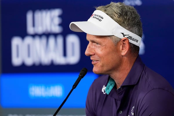 Luke Donald, of England, speaks during a news conference at the PGA Championship golf tournament at the Quail Hollow Club, Wednesday, May 14, 2025, in Charlotte, N.C. (AP Photo/Matt York)