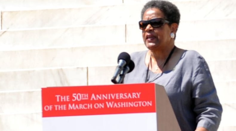 Myrlie Evers-Williams speaks on the 50th Anniversary of the March on Washington in front of the Lincoln Memorial, Saturday August 24, 2013. KENT D. JOHNSON / KDJOHNSON@AJC.COM