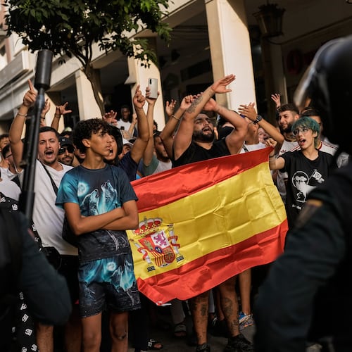 Ceuta residents demonstrate against the arrival of Spanish far-right politician Alvise Pérez in the Spanish enclave of Ceuta, Saturday, Aug. 1, 2026. (AP Photo/Bernat Armangue)