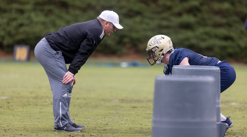Offensive coordinator Chip Long coaches a player during the first day of spring practice for Georgia Tech football at Alexander Rose Bowl Field in Atlanta, GA., on Thursday, February 24, 2022. (Photo Jenn Finch)
