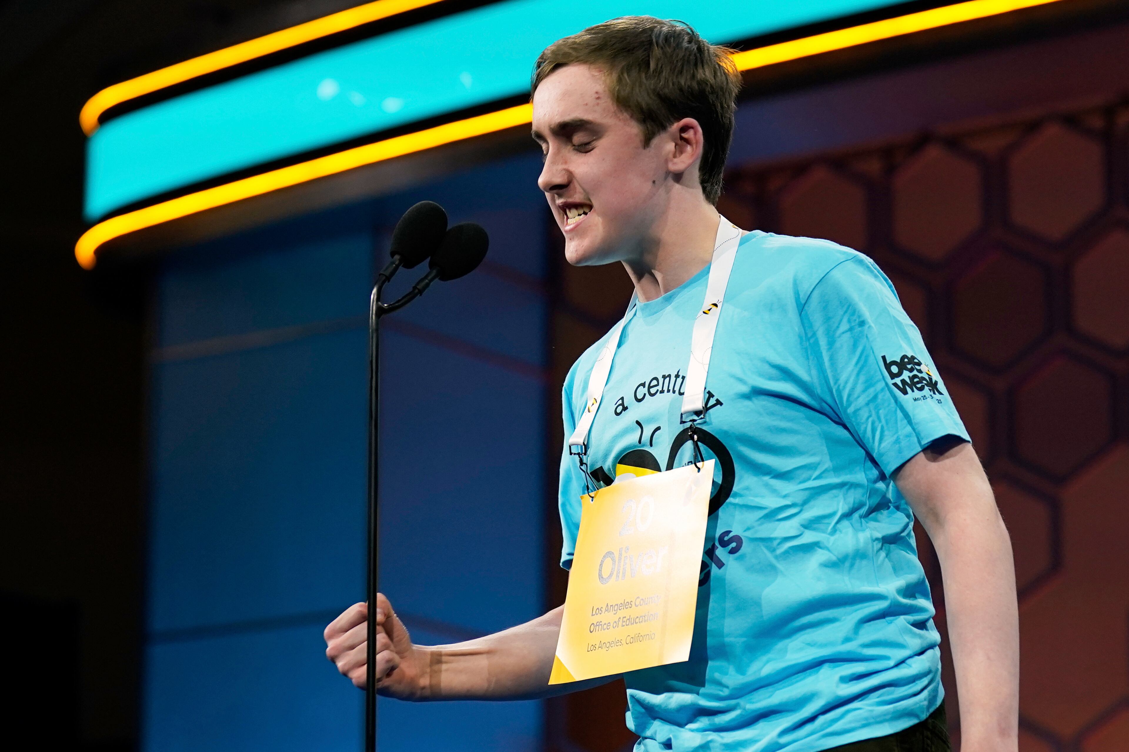 Oliver Halkett, 13, of Los Angeles, reacts after spelling his word correctly in the finals of the Scripps National Spelling Bee, Thursday, May 29, 2025, in Oxon Hill, Md. (AP Photo/Jose Luis Magana)