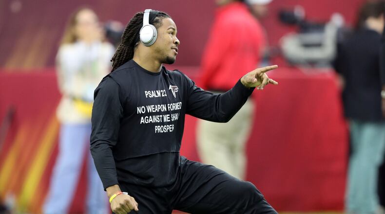 Falcons running back Devonta Freeman (24) is shown during warmups before the Falcons met the New England Patriots in the Super Bowl at NRG Stadium in Houston, Texas, on Sunday, February 5, 2017. Curtis Compton/AJC
