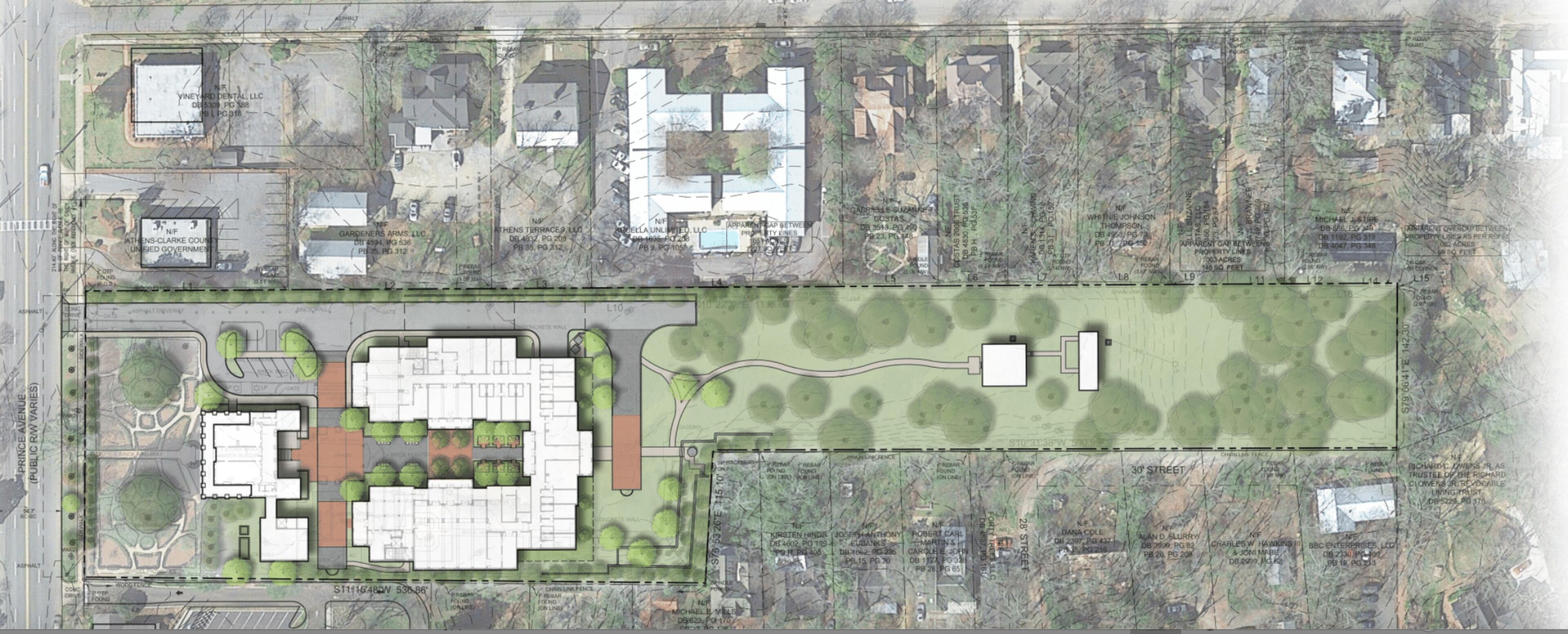 A rendering of the proposed development. The white building farthest to the left is the 19th-century mansion currently standing on the property. The proposed main hotel complex is shown behind the mansion, to the right. (Arcolab)