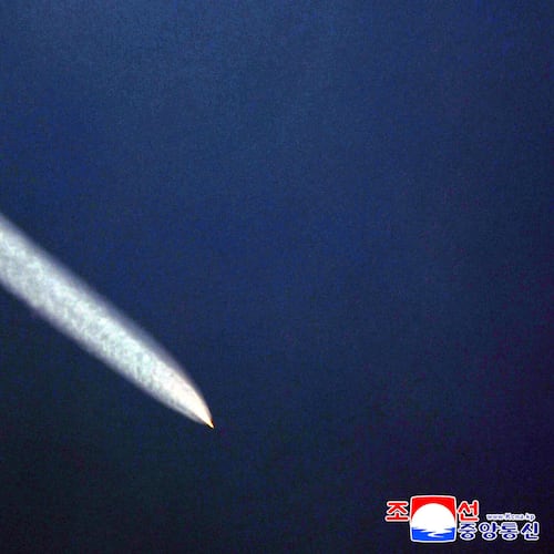 This photo provided by North Korean government, shows what it says a test of a hypersonic projectile at an undisclosed place in North Korea, Wednesday, Oct. 22, 2025. Independent journalists were not given access to cover the event depicted in this image distributed by the North Korean government. The content of this image is as provided and cannot be independently verified. Korean language watermark on image as provided by source reads: "KCNA" which is the abbreviation for Korean Central News Agency. (Korean Central News Agency/Korea News Service via AP)