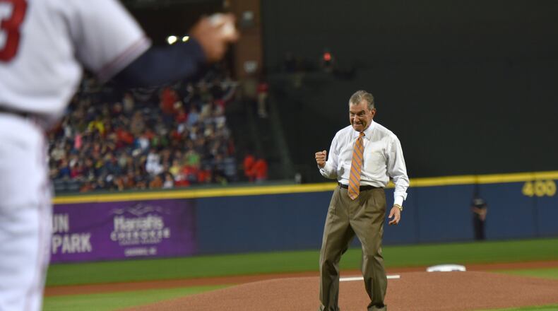 Braves president John Schuerholz, shown here after throwing the ceremonial first pitch at the team’s home opener on April 10, says team consultants have met with Palm Beach County and several other counties in Florida about a new spring-training home. HYOSUB SHIN / HSHIN@AJC.COM