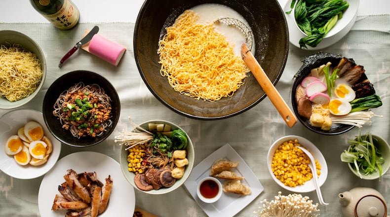 Ramen Noodle Party with Chukasuimen Ramen Noodles, Mazesoba, Shoyu Broth, Quick and Easy Creamy Tonkotsu-style Broth, Seasoned Eggs topping, Crispy Asian Pork Belly topping, and garnishes. CONTRIBUTED BY MIA YAKEL