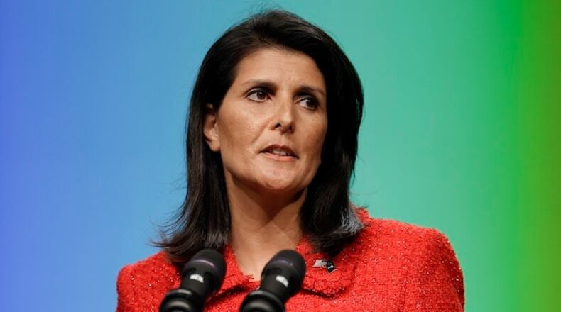 South Carolina Gov. Nikki Haley speaks at the Tennessee Republican Party’s 2016 Statesmen’s Dinner Friday, May 13, 2016, in Nashville, Tenn. (AP Photo/Mark Humphrey)