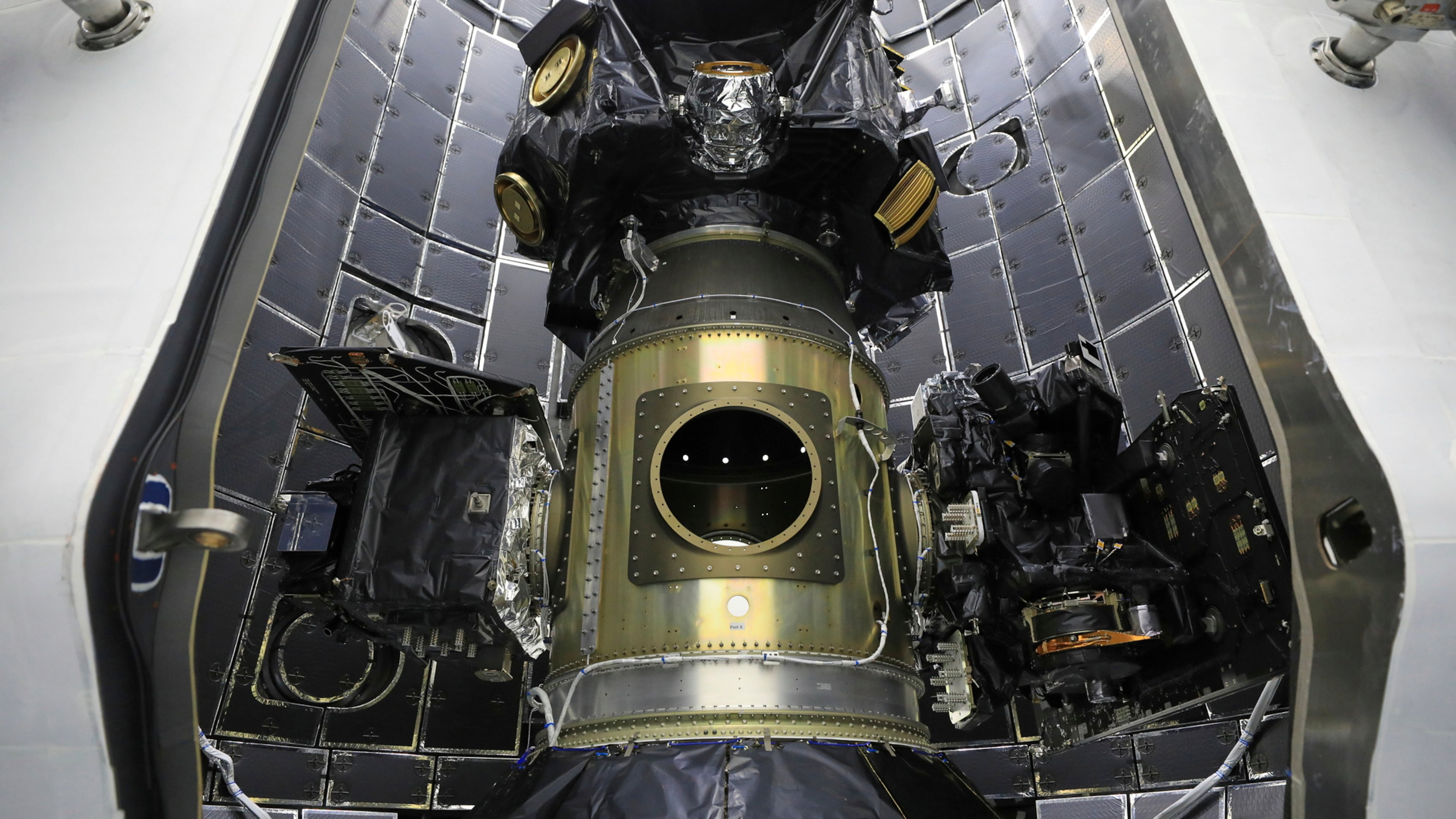 This photo provided by NASA in September 2025 shows NASA’s Carruthers Geocorona Observatory, IMAP (Interstellar Mapping and Acceleration Probe), and the National Oceanic and Atmospheric Administration’s (NOAA) Space Weather Follow On-Lagrange 1 (SWFO-L1) satellite at the Kennedy Space Center in Florida. (NASA via AP)